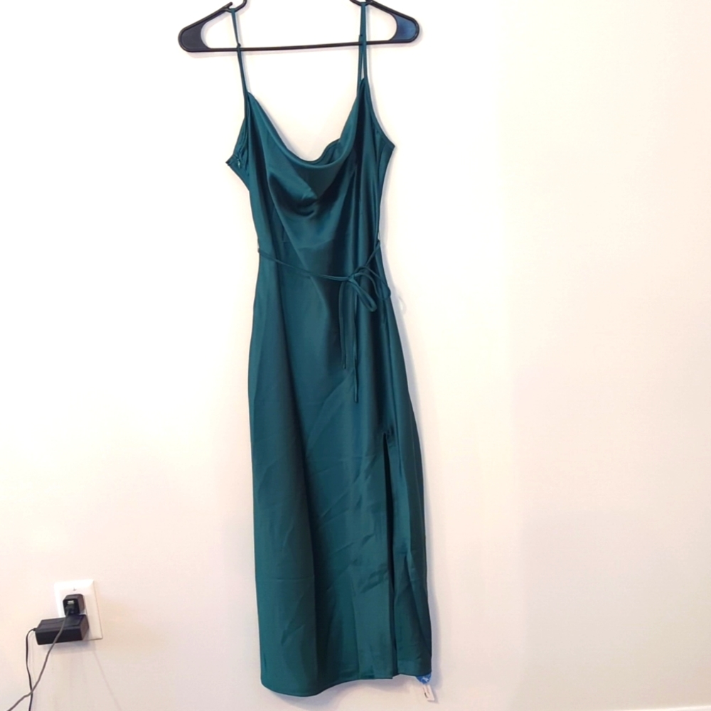 Green Satin Dress with Slit